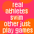 Pixelated text on a pink background with orange circular shapes, repeating 'real athletes swim other just play games' in white block letters.