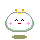 Pixelated character with white rounded body, green outline, pink cheeks, orange-yellow antennae; mouth and eyes change expression across frames.
