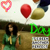 A woman in a green dress holds red and gold balloons with a heart symbol above, text reads "Day IT'S BEEN ANOTHER PERFECT".