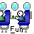 Pixelated cartoon character in blue chair with green and white clothing, holding a small object near a light blue circular icon above.