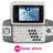 Pixelated image of a silver handheld gaming device with a blue screen showing a game scene, two pink key icons below, and black text above the screen.