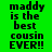 Pixelated text on a split background with green and cyan sections, reading "maddy is the best cousin EVER!!" in black block letters.