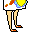 Pixelated static icon of a stick figure with rainbow-colored upper body and orange shoes against gray background.