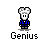 Pixelated character with white hair and blue outfit stands against gray background, text 'Genius' below.
