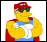 Pixelated cartoon character with yellow skin wearing red cap, black sunglasses, blue overalls, and red cape making a thumbs-up gesture against white background.