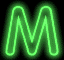 Green neon-style letter M with glowing outline on black background, two variations side-by-side showing different brightness levels.