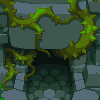 Pixel art depicting green thorny vines coiling around a dark central structure against a stone wall background.