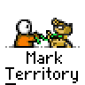 Animated contact sheet of 14 pixel art frames showing a cartoon character interacting with various objects and text elements, all labeled "Mark Territory" below each frame.