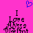 Pixelated text and symbols on a bright pink background with blue heart outline at top.
