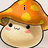 Pixelated mushroom character with orange cap and yellow spots, pink cheeks, and blue text above its head.