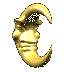 Golden crescent moon-shaped face with stylized features, rendered in metallic gold with visible highlights and shadows across multiple views.