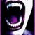 A pixelated close-up of a mouth with sharp teeth and purple tongue, showing two distinct open-mouthed expressions in a