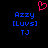 Pixelated blue text and a pink heart icon on a black background, with identical text elements on both sides of the heart.