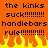 Pixelated orange background with black text reading "the kinks suck!!!!!!!!" and "handlebars rule!!!!!!!!" in two , yellow-orange flames at the bottom
