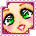 Pixelated cartoon face with green eyes and pink cheeks in a of six expressions, including open-eyed and closed-eye states