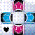 Static pixel art icon featuring four distinct sections: two pink and black rectangular shapes, two blue and black rounded rectangles, and a solid black heart shape on white background.