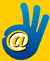 Animated sequence of a blue hand with yellow @ symbol on yellow background, transitioning to orange hand on blue background and back.