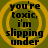 Four identical circular with yellow concentric rings on olive green background display black text reading "you're toxic, i'm slipping under" in pixelated font