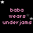 Pixelated text reads 'baba wears underjams' in pink with white and gray stars on black background, animated star positions shift across frames.