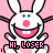 Pixelated white bunny with blue eyes and pink nose, smiling widely on pink background with "HI USER" text below each figure.