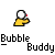 Pixelated character with white head and yellow body emits red bubble that expands into large irregular shape, then cracks apart while text repeats below.