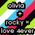 Pixelated icon with text 'olivia + rocky = love 4ever' over diagonal stripes, transitioning to beach scene with 'olivia rocky' text, then to pink heart background with 'Rocky <3' text.