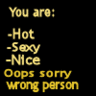 Static black background with yellow text listing positive adjectives followed by an apology message in a blurry, pixelated style.