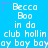 Blue background with white pixelated text repeating 'Becca Boo in da club hollin bay bay' and pink star accents, static display.