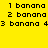 Pixelated text displays numbered banana labels on yellow and white backgrounds with no visible animation changes.
