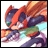 Pixelated character with red headgear, dark blue armor, green midsection, and purple limbs in dynamic pose against white background.
