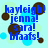 Pixelated blue text on light blue background with brown circular shapes and light blue dots.