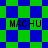 Green and blue checkered background with four instances of the text MACHU in black pixelated font, arranged in two
