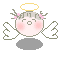 Pixelated angel icon with pink cheeks, white wings, and a yellow halo; show mouth open in first frame, closed in second