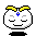 Four pixel-art frames of a white round character with yellow horns and blue gem on forehead, showing different eye expressions against gray background.