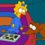 Pixelated character with yellow hair and blue shirt holding a white object against a multicolored striped background.