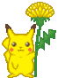 Yellow cartoon character with brown-tipped ears and red cheek spots stands beside a tall yellow flower with green stem and leaves, in a of nine identical frames