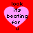 Four identical pink heart-shaped icons with black text on a red background, each displaying "look its beating for u" in pixelated font.