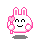 Pixel art bunny with pink outline, white face, black eyes and mouth, holding heart-shaped objects in different poses.