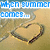Pixelated image with blue text reading "HAPPY SUMMER" and "BONNIE..." above a heart-shaped sand sculpture on a beach.