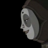 Animated cartoon-style icon featuring two characters: one with gray face paint and brown headwear, the other in red clothing with dark hair tied up.