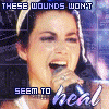 A four- of a woman singing into a microphone with overlaid text phrases, each showing different background colors and text
