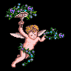 Pixelated angel figure with golden hair and wings, holding a floral tray above head and bouquet in left hand against black background.