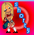 Pixel art buddy icon featuring a blonde cartoon woman in red and white checkered outfit holding green bag, with blue text "Shorty" curving around her against bright pink background.