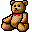 Two pixelated teddy bears with brown fur, red bow ties, and orange accents sit side-by-side against a gray background.