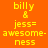 Pixelated text displays 'billy & jess= awesomeness' on orange background with pink highlight bars shifting
