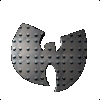 A metallic Wu-Tang Clan logo icon rotates through multiple angles, displaying its textured surface and three-dimensional form against a gray background.