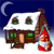 Pixelated winter scene with snow-covered house, crescent moon, and gnome; house windows and gnome's hat change color across frames.