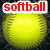 Six yellow softball images arranged in a , each with the word "softball" displayed above it in different colors