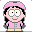 Pixelated cartoon character with pink headband and jacket, black hair, yellow pants; left view shows open eyes, right view shows one eye closed in wink.