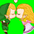 Pixelated image of two characters with closed eyes kissing, one in green attire with a hat, the other in a pink and white dress with long blonde hair, against a bright green background.